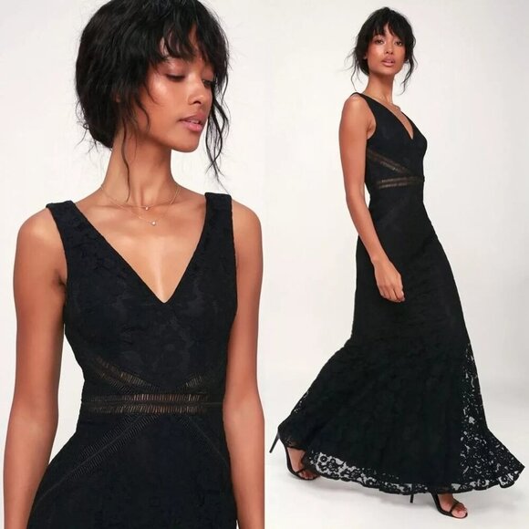 Lulus Embroidered Floral Lace Mermaid Maxi Dress Gown Black size Medium - Picture 1 of 12